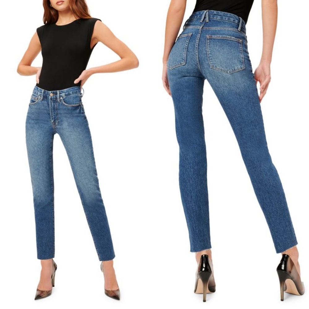 Good American Good Classic Raw Edge Ankle Jeans Size 4 / 27 NWT Blue940 Denim